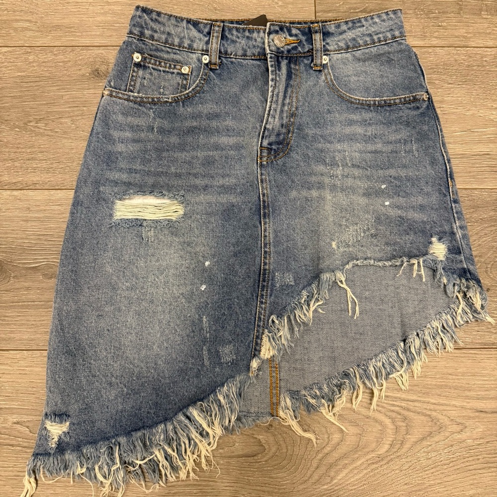 Distressed Denim Asymmetrical Skirt